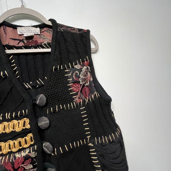 Sandy Starkman‎ Patchwork Embroidered Knit Vest Black Floral Gold Grandmacore - Picture 3 of 6